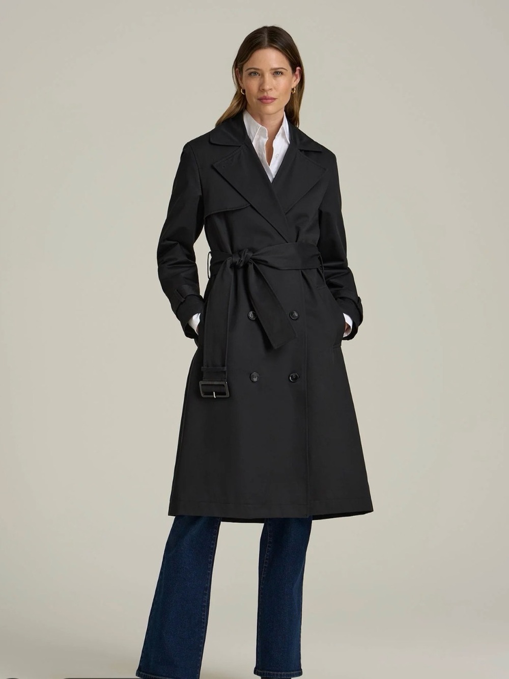 Divided Black Double-Breasted Trench Coat with Waist Tie